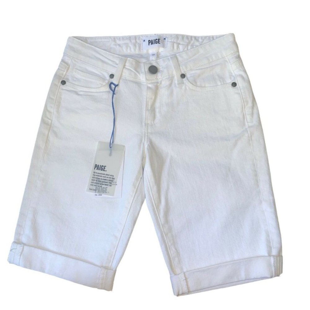 PAIGE JAX Optic White Denim Jean Bermuda Shorts Mid Rise Rolled Hem Sz 2